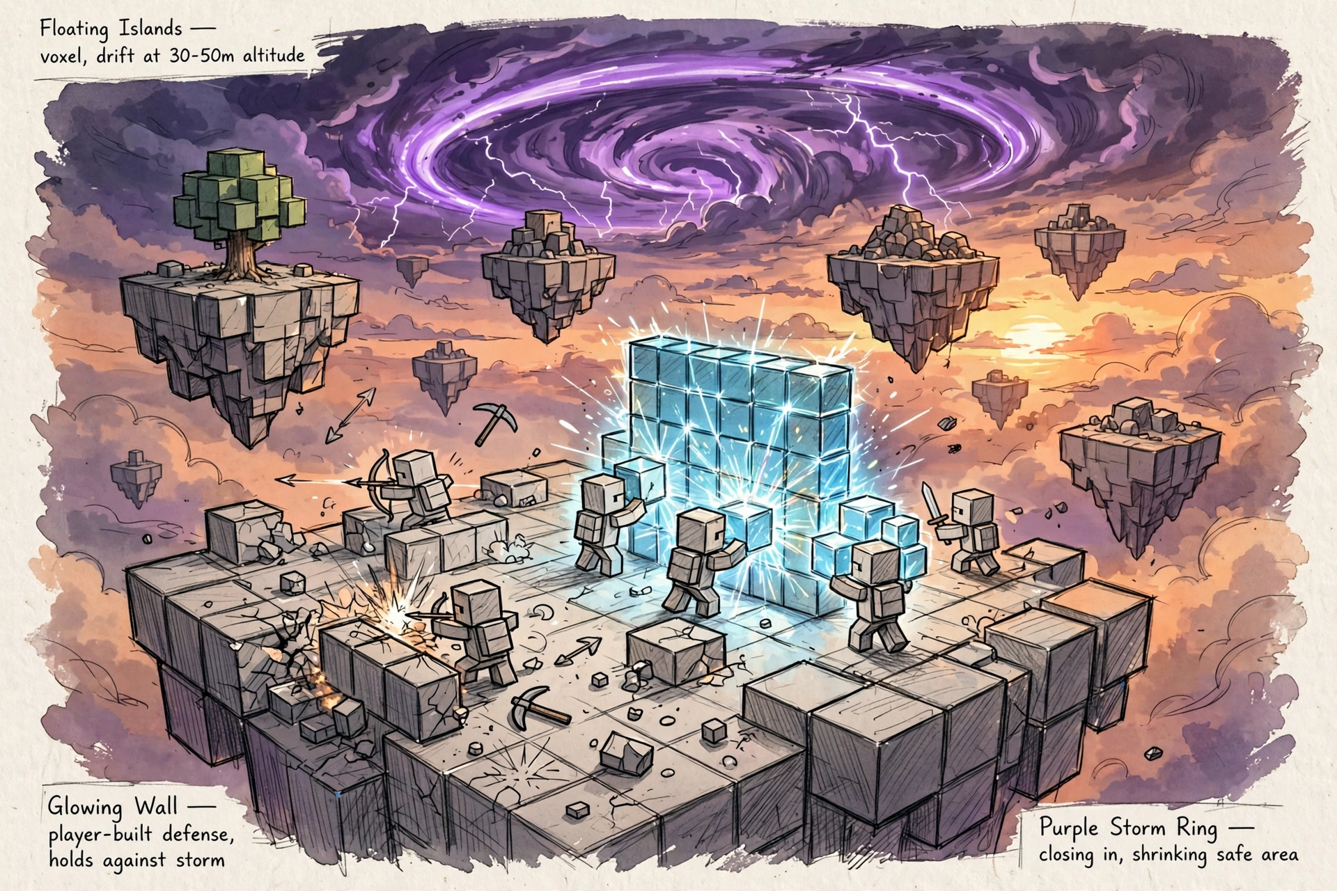 BuildStorm key art: a moody voxel world at dusk with lantern light, fog, and glowing ore veins