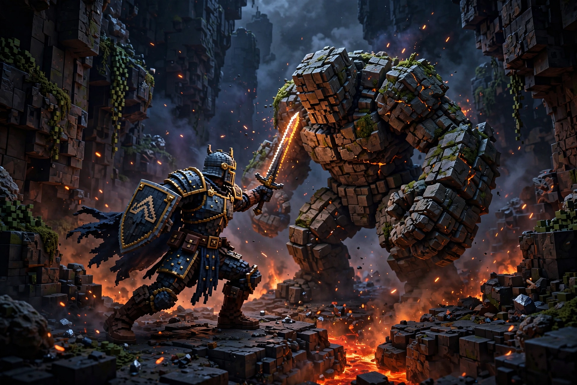 BuildStorm art direction: voxel combat scene at dusk with glowing effects