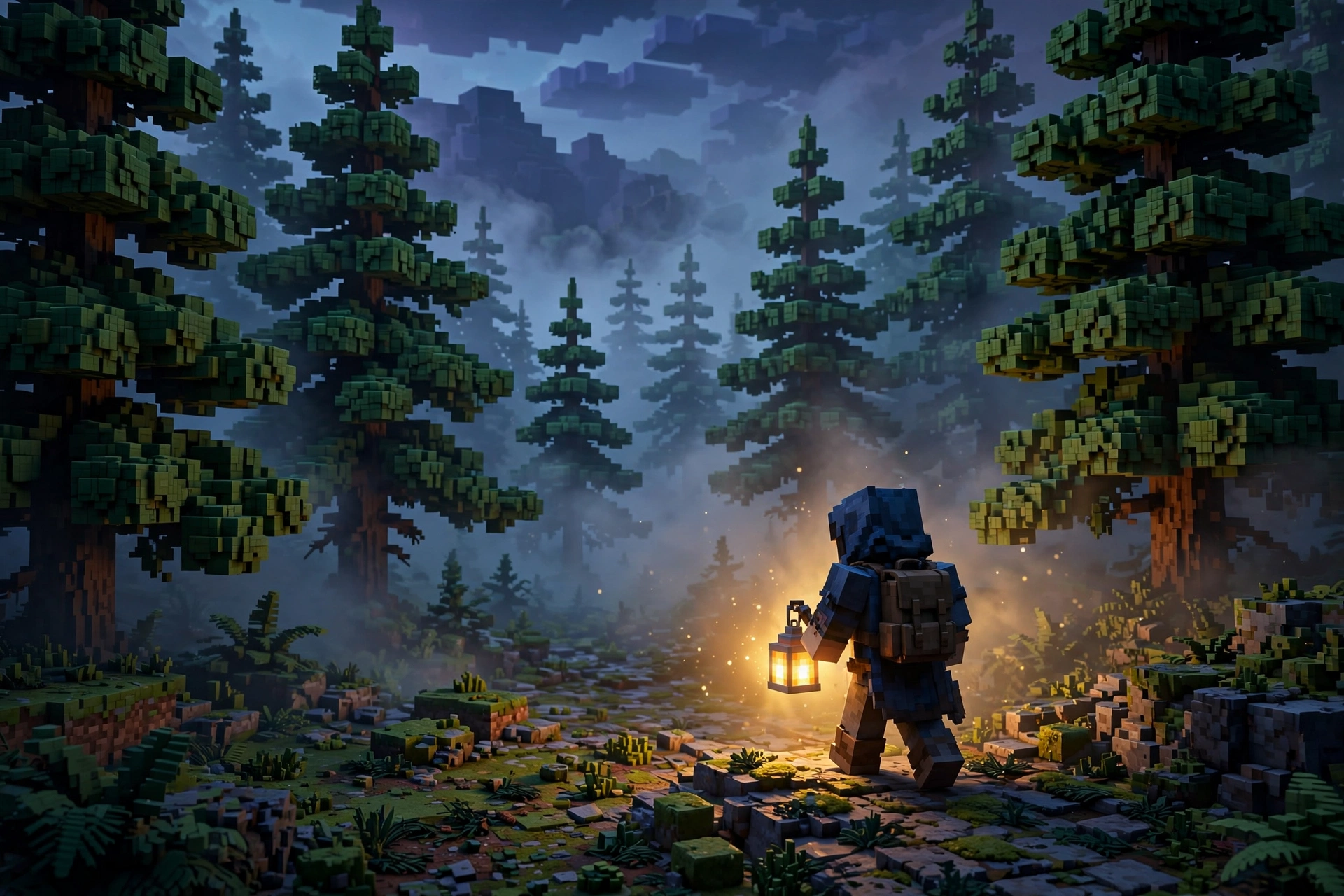BuildStorm art direction: peaceful voxel valley at dusk with lantern light and fog
