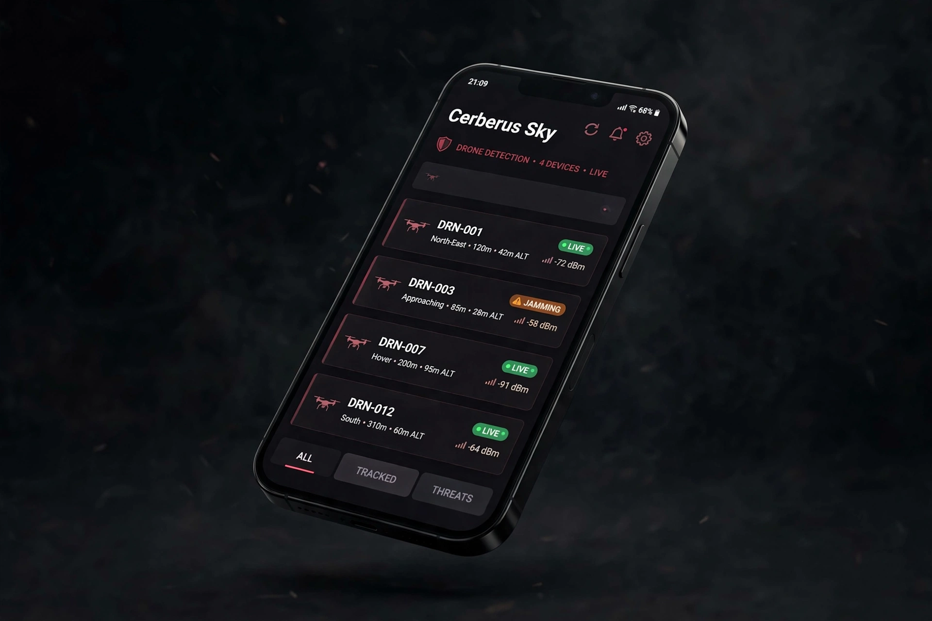 Cerberus Sky drone list with signal freshness