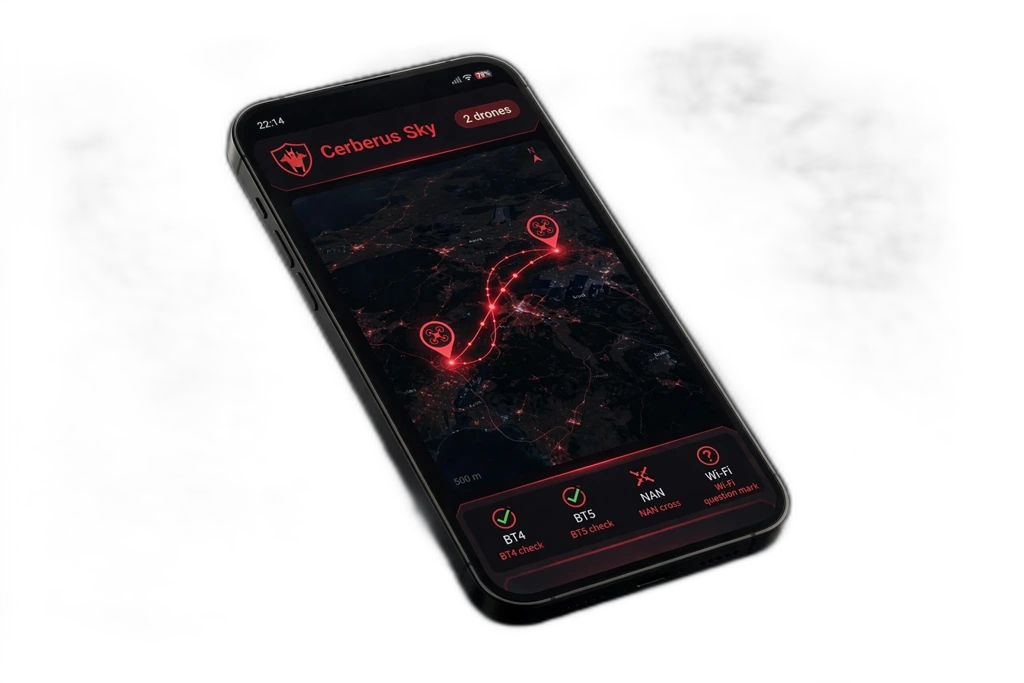 Cerberus Sky app showing drones tracked on a night map