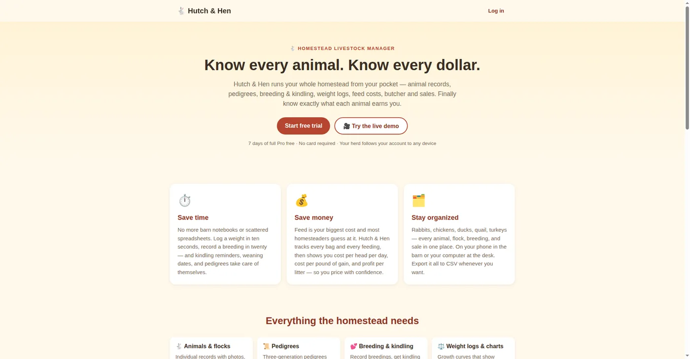 Hutch and Hen landing page: feature overview