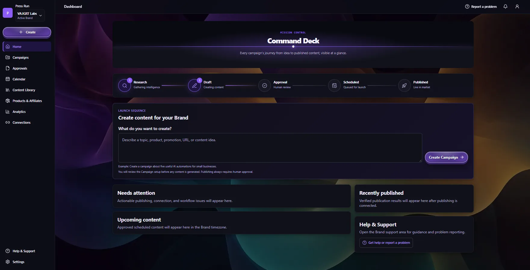 Press Run dashboard: the Command Deck shows every campaign's journey from idea to published content, with launch sequence, needs-attention, upcoming content, and recently published panels.